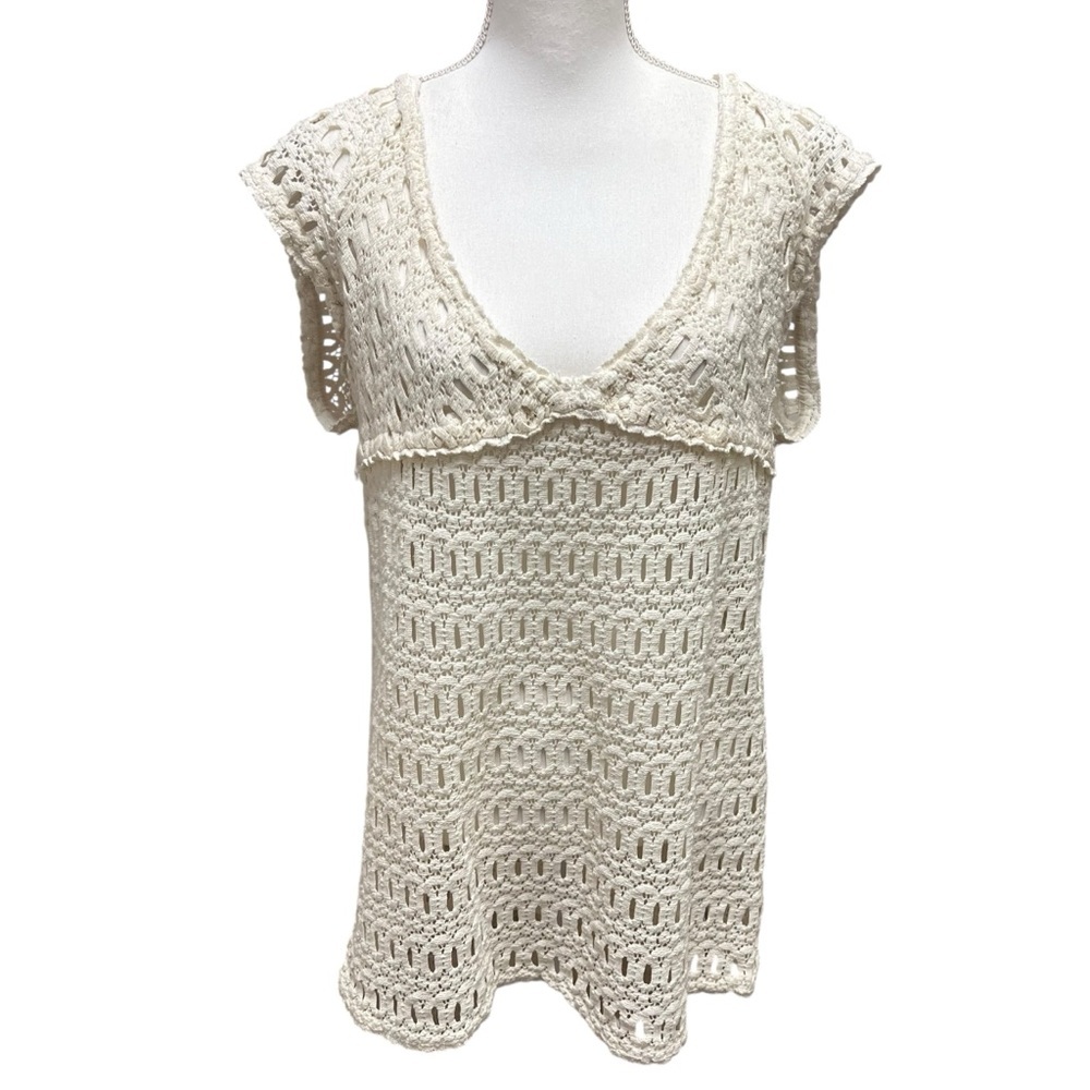 Milly Cabana Crochet Mini Dress‎ Deep V-Neck Cream Unlined Bohemian Size Medium